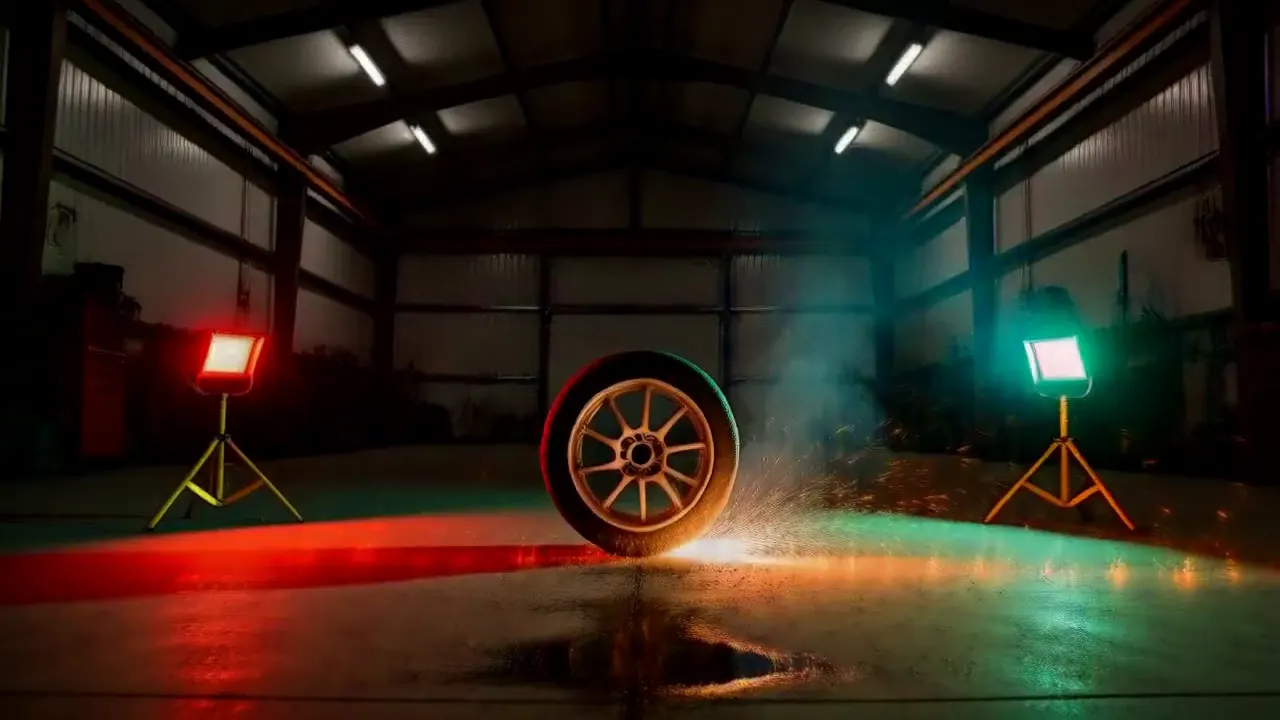 The still frame of a wheel rim throwing sparks in a garage lit red and green