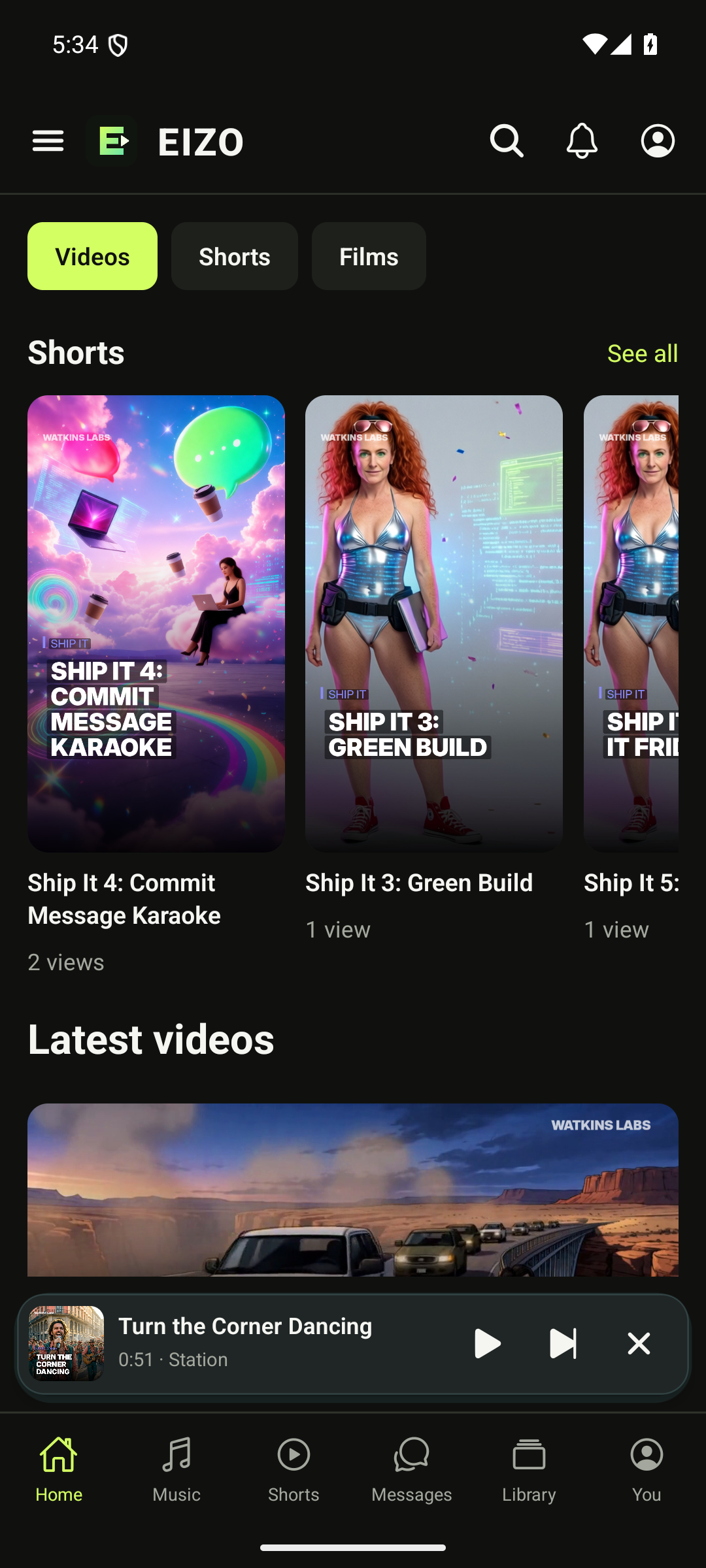 EIZO Android home with Shorts, videos and a floating music player